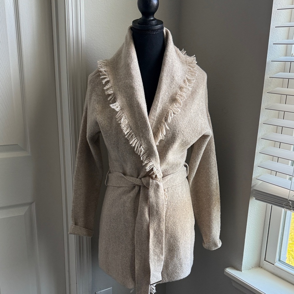 White House Black Market Beige Fringed Sweater